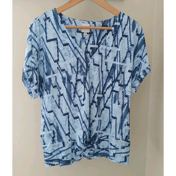 Nic+Zoe Zig Zag Twist Front Tee S/S Top Size Medium Blue Linen V Neck Work Artsy - Picture 1 of 11